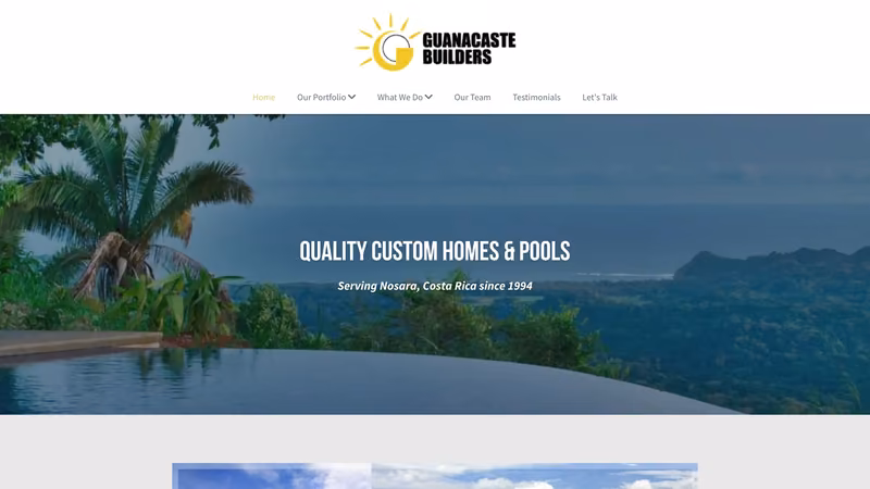 Guanacaste Builders homepage: an infinity pool overlooking the Nosara coastline under the headline Quality Custom Homes & Pools