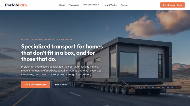 PrefabPath homepage: a modular home on a flatbed truck at dusk beside the headline on specialized transport for homes, with a Get a Transport Quote button
