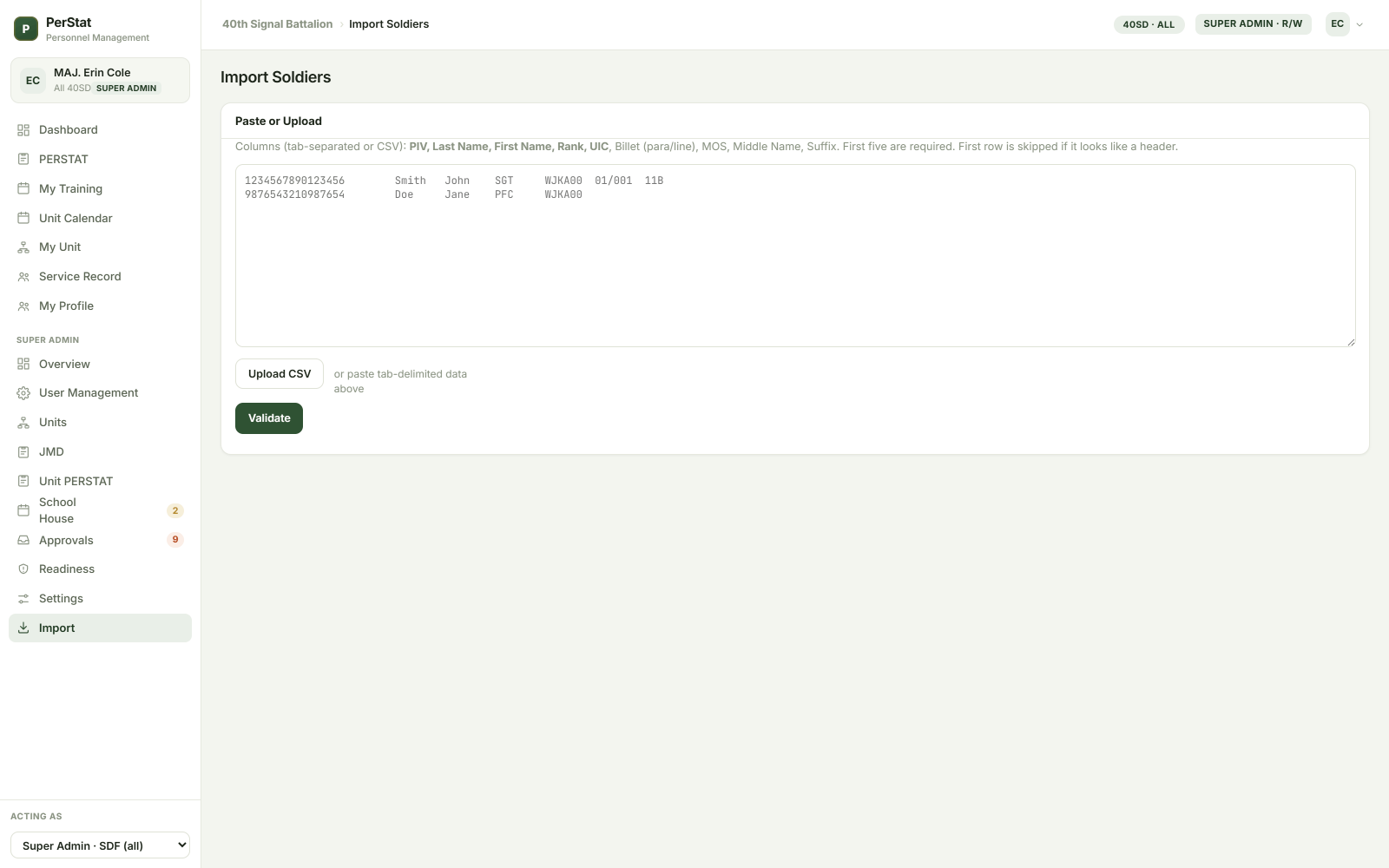 Roster import with fixed columns — fictional SDF sample data