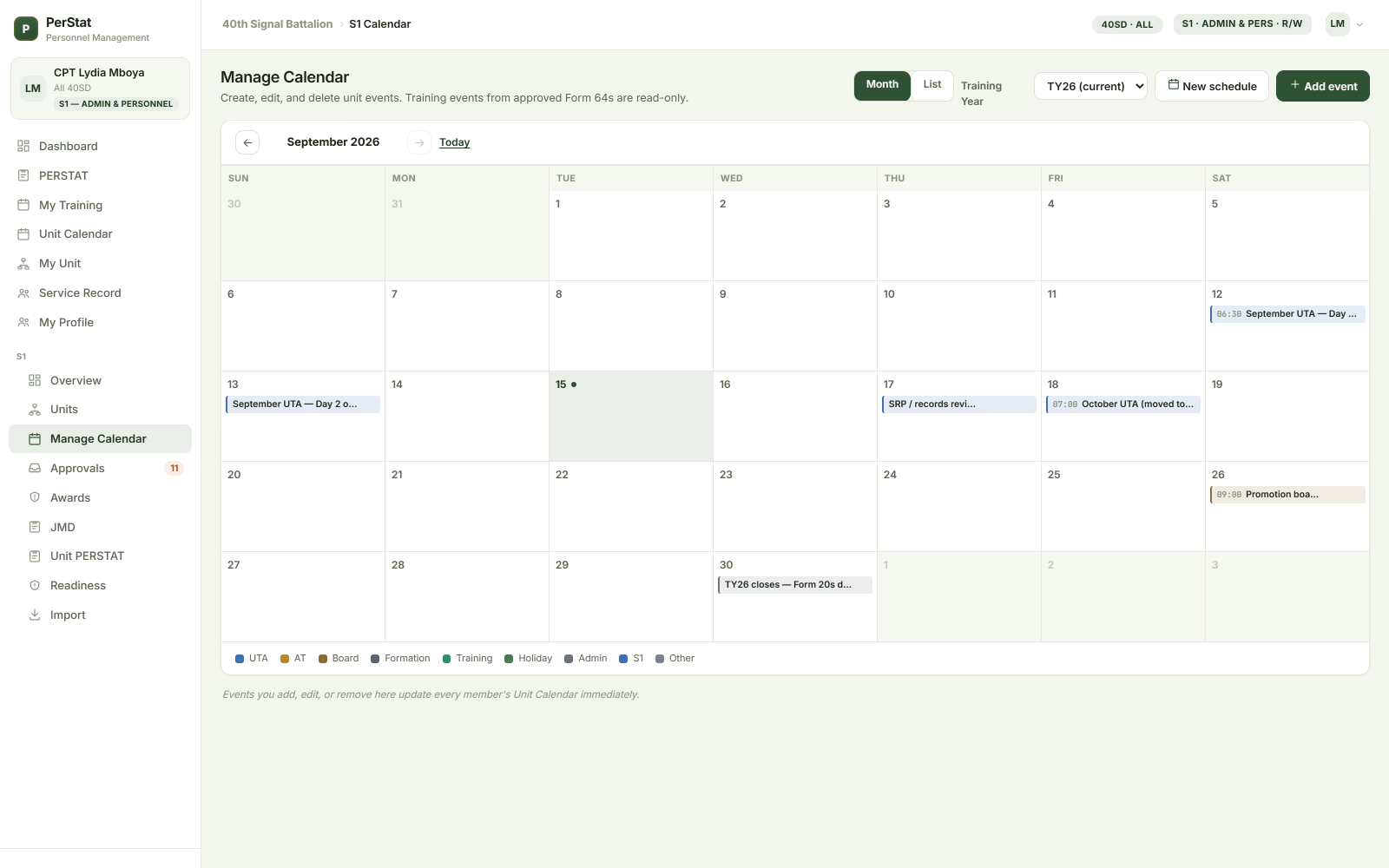 Calendar administration — fictional SDF sample data