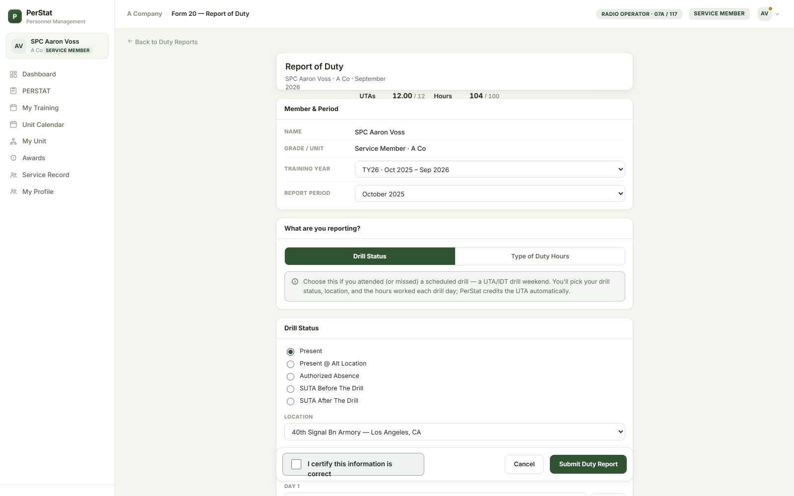 Report of Duty — Form 20 — fictional SDF sample data