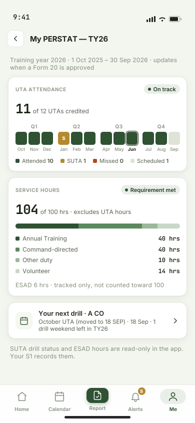 My PERSTAT mobile design preview with fictitious sample data