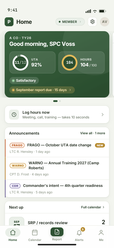 Home mobile design preview with fictitious sample data