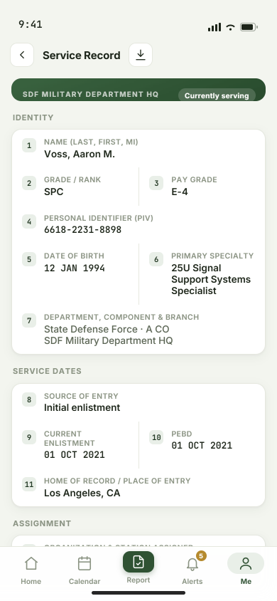 Service Record mobile design preview with fictitious sample data