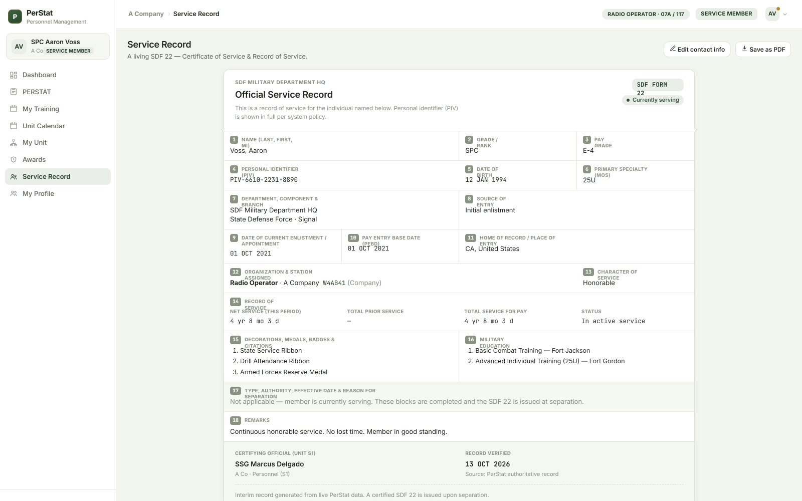 Service history — fictional SDF sample data