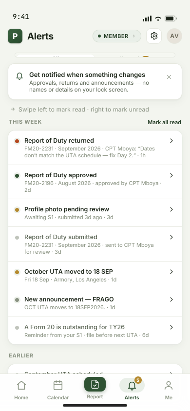 Alerts inbox — fictional SDF sample data