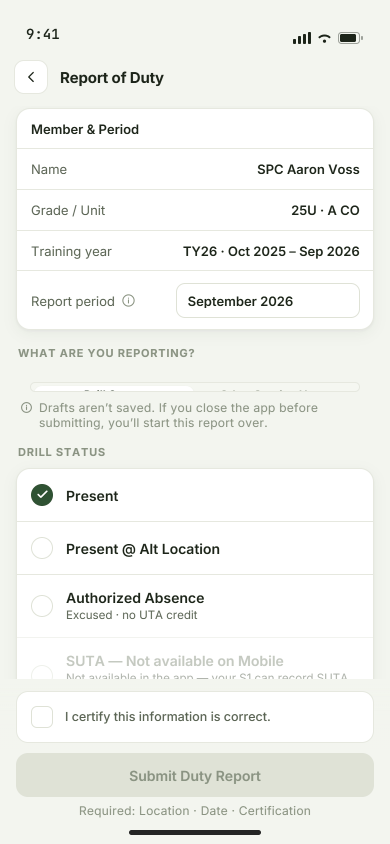 Mobile Report of Duty — fictional SDF sample data