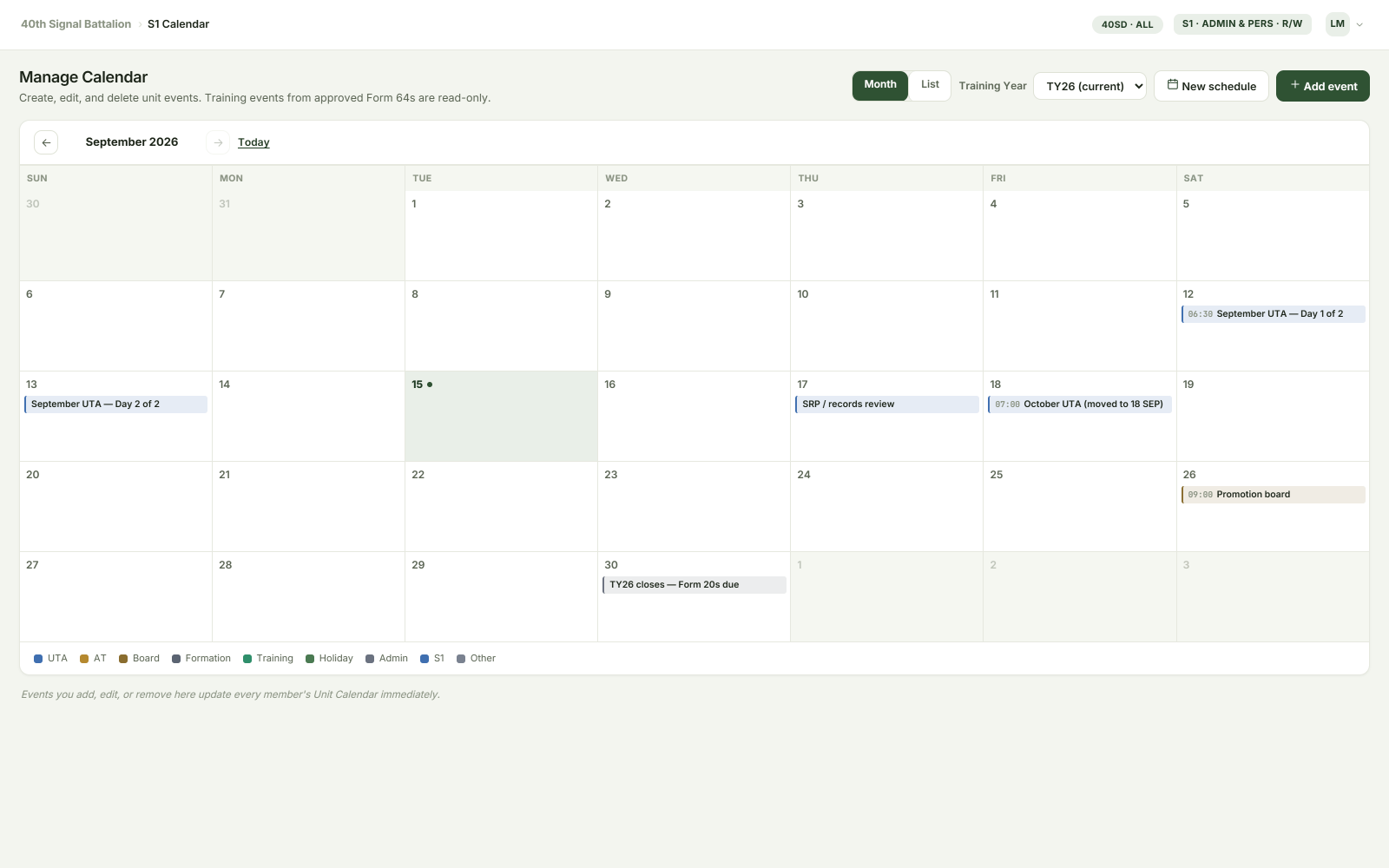 PerStat Manage Calendar showing the September 2026 drill schedule with UTA, board and admin events