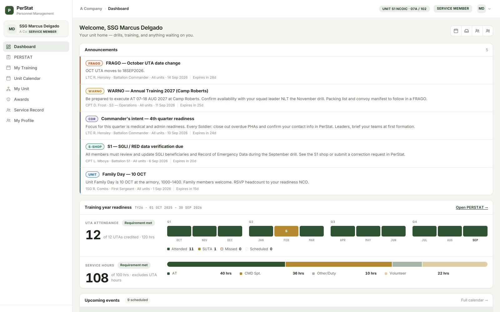 Dashboard desktop view for fictional service member SSG Marcus Delgado
