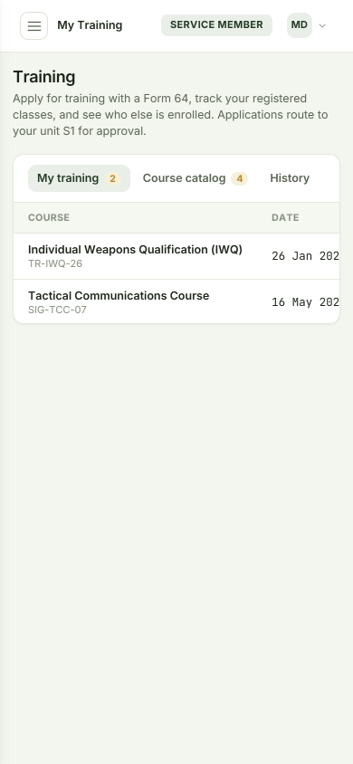 My Training in a phone browser, using fictitious personnel data