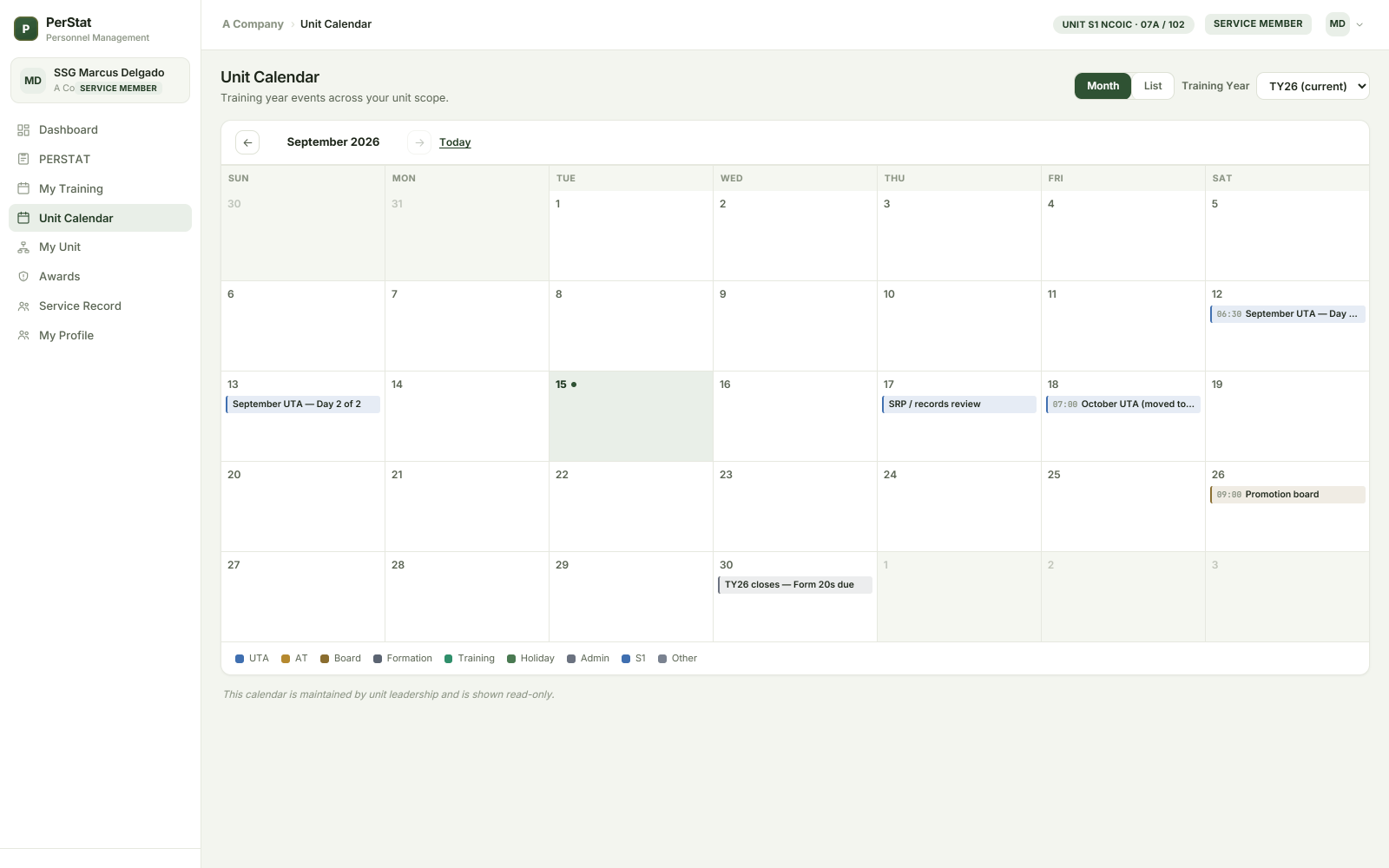 Unit Calendar desktop view for fictional service member SSG Marcus Delgado