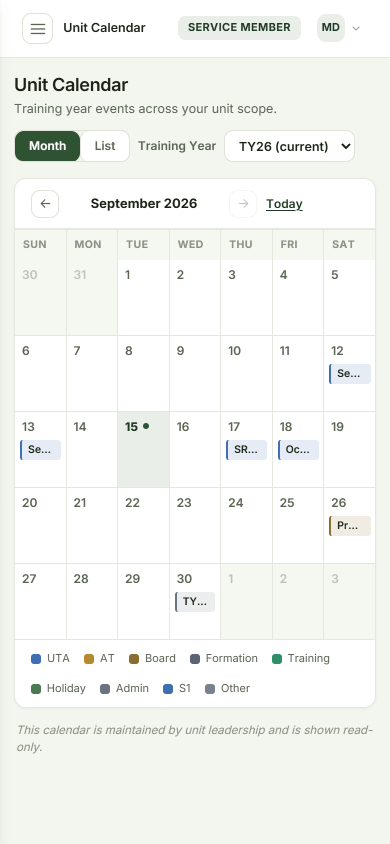 Unit Calendar in a phone browser, using fictitious personnel data