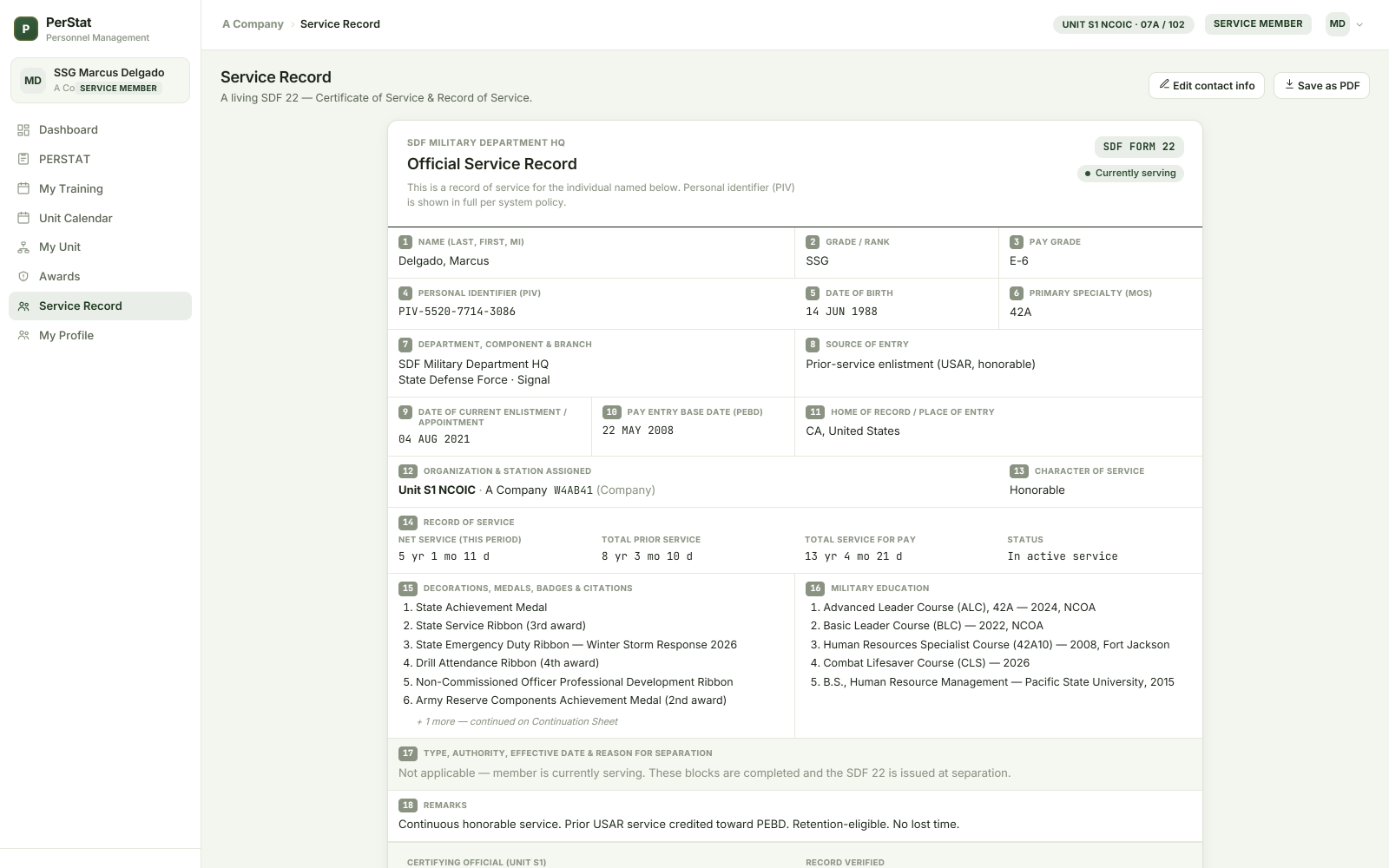 Service Record desktop view for fictional service member SSG Marcus Delgado