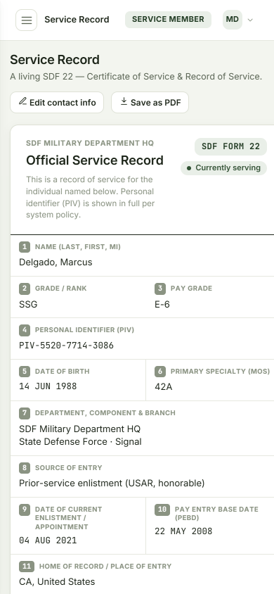 Service Record in a phone browser, using fictitious personnel data