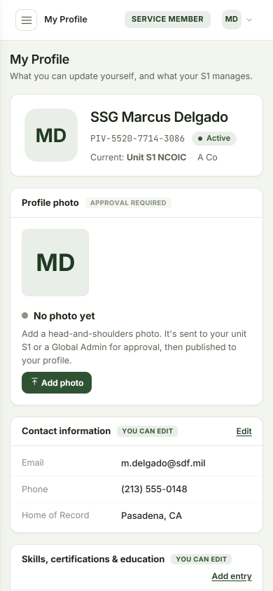 My Profile in a phone browser, using fictitious personnel data