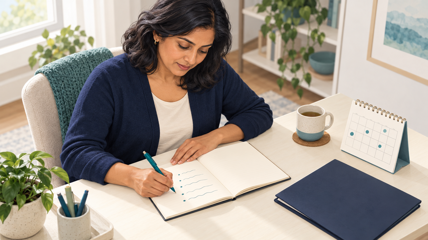 Woman writing in a notebook beside a calendar and a closed folder on a bright desk.