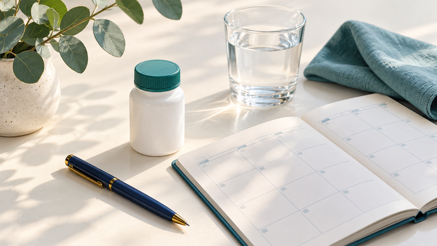 An unbranded medication bottle, glass of water, pen and blank planner sit together on an ivory desk.