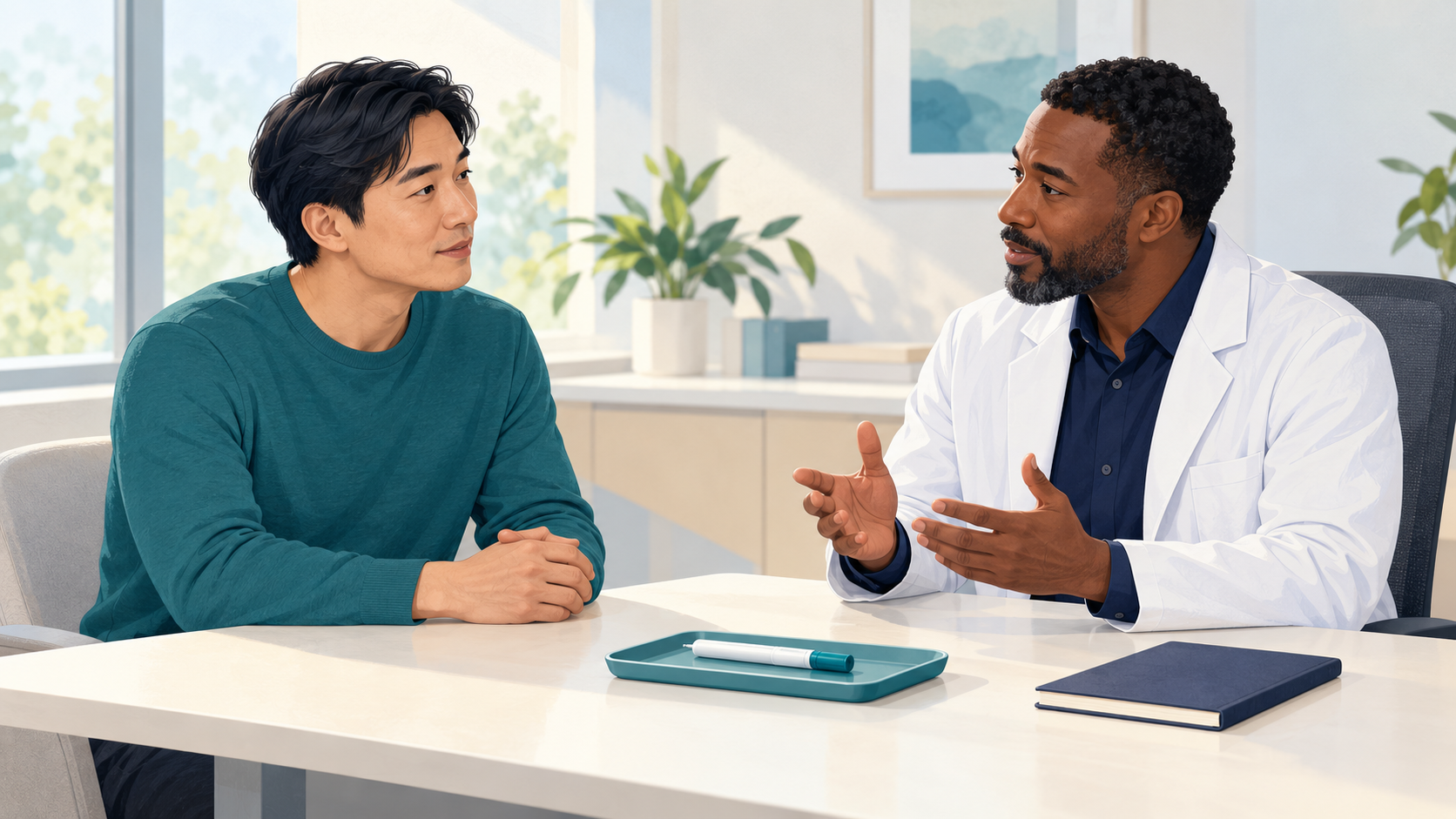A patient and clinician talk across a desk with an unbranded injection pen resting on a teal tray.