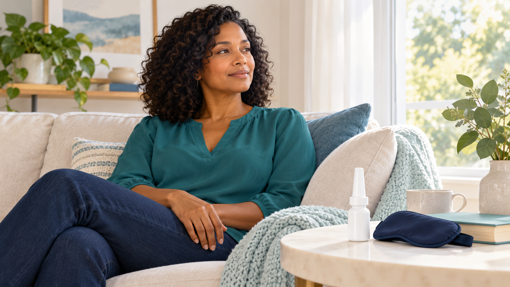 A woman relaxes on a sofa beside a table holding an unbranded nasal spray, navy eye mask and book.