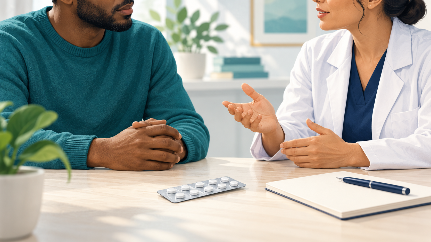 A patient and clinician talk at a table with a silver tablet blister strip, blank notebook and pen.