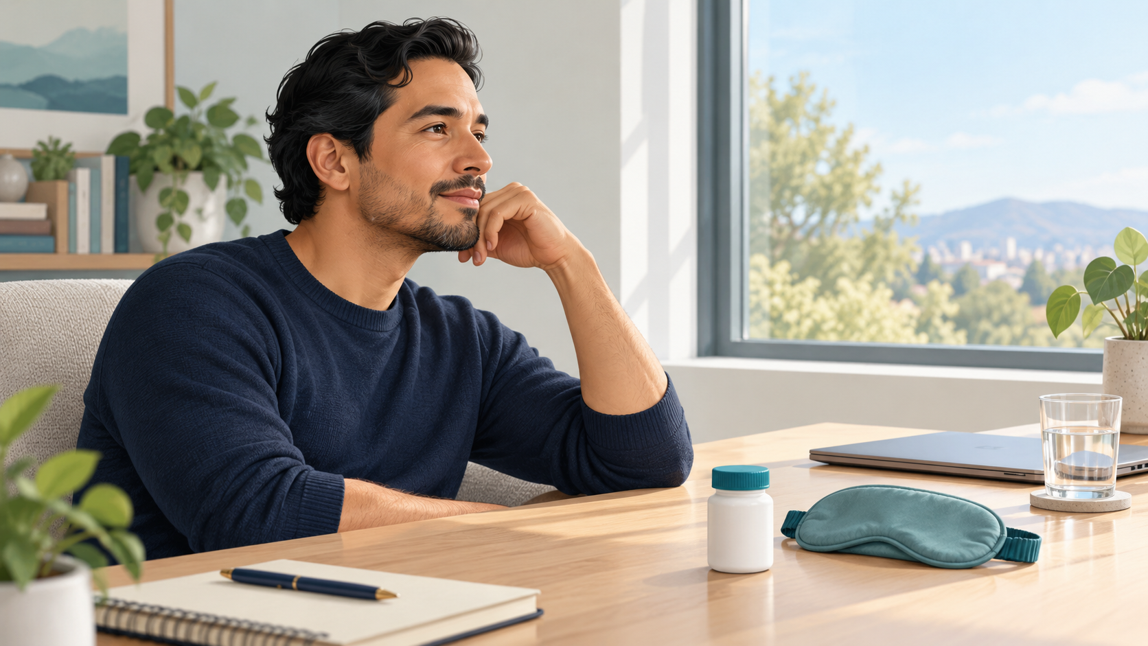 A man sits beside a window, with an unbranded medicine bottle, eye mask and closed laptop on his desk.