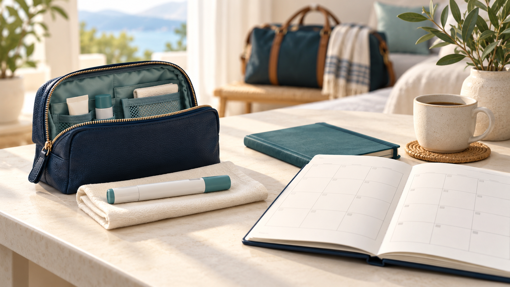 A capped injection pen rests beside a navy travel pouch and blank planner on a bright ivory table.