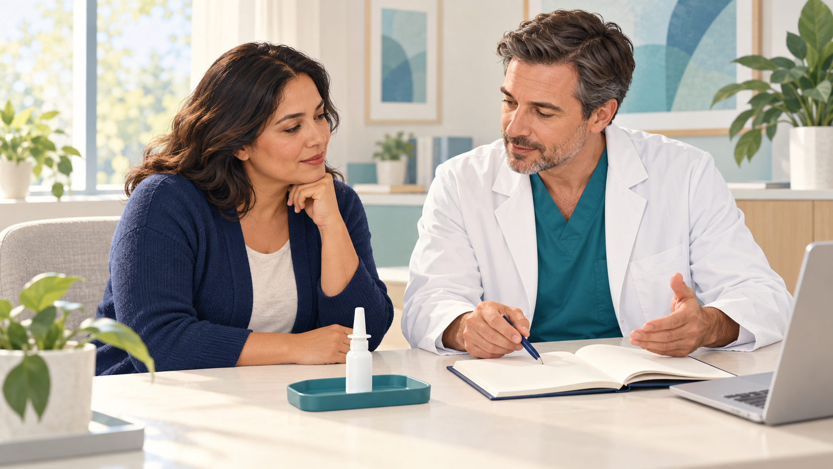 A clinician and patient discuss a notebook beside an unbranded nasal spray resting on a teal tray.