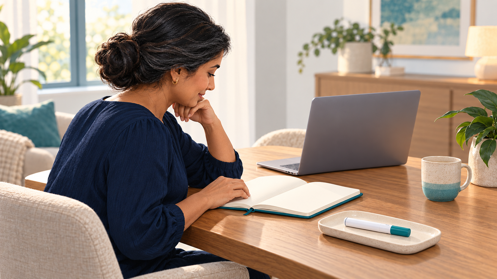 A woman reviews a blank notebook beside a laptop, with a capped injection pen resting untouched on a tray.