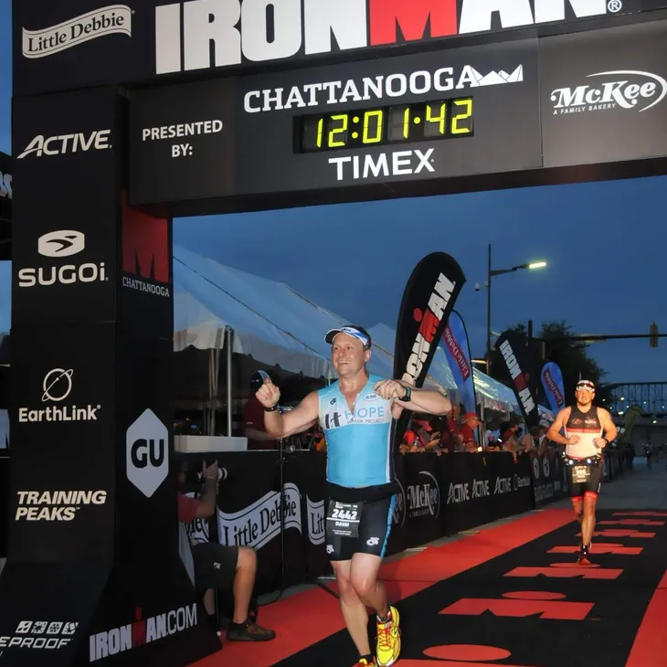 Dave VanEpps crossing the Ironman Chattanooga finish line.