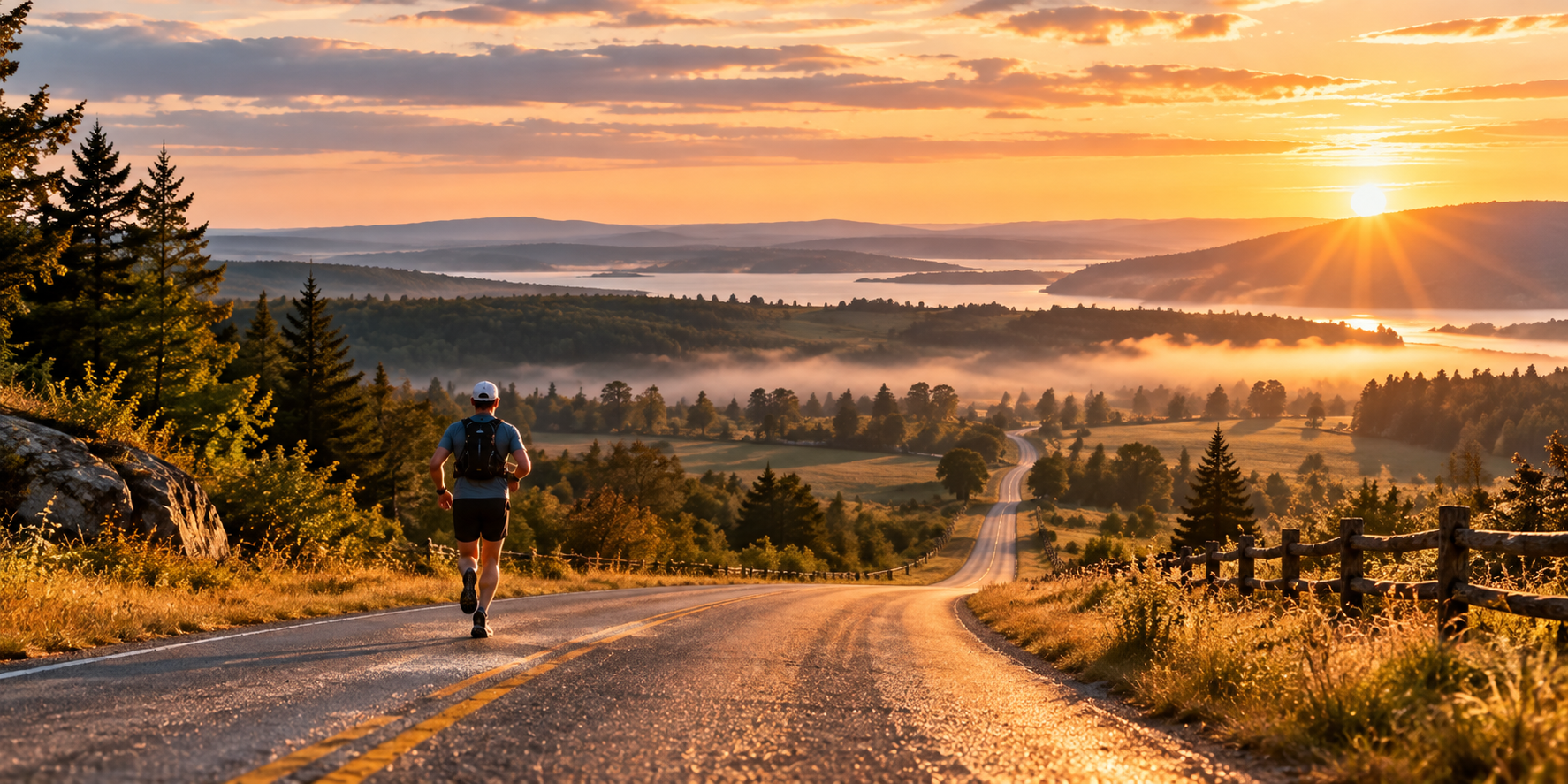 Conceptual illustration of a hiker on a long road overlooking a lake at sunrise.