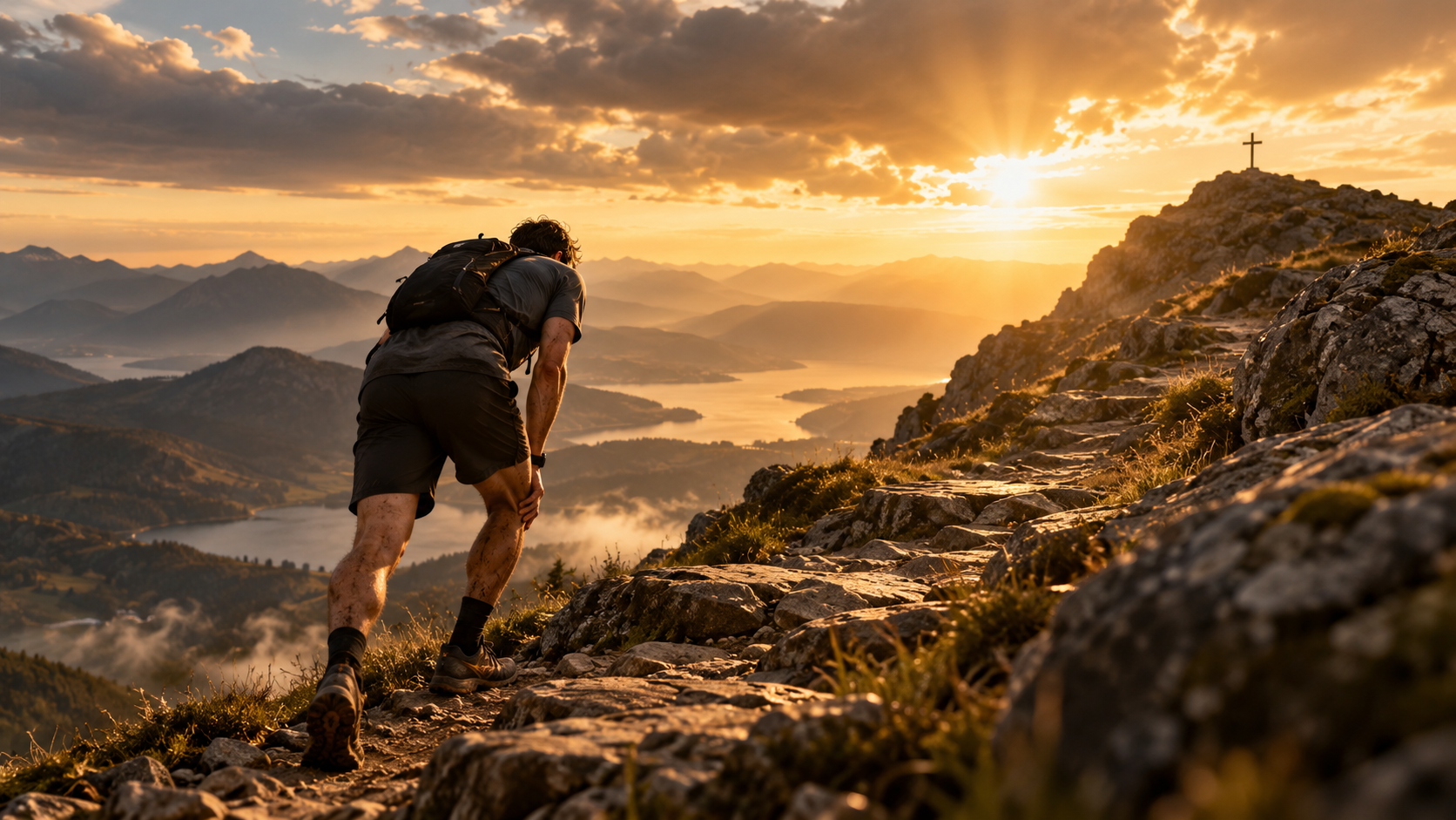 A hiker climbs a steep rocky trail toward a distant cross at sunrise.