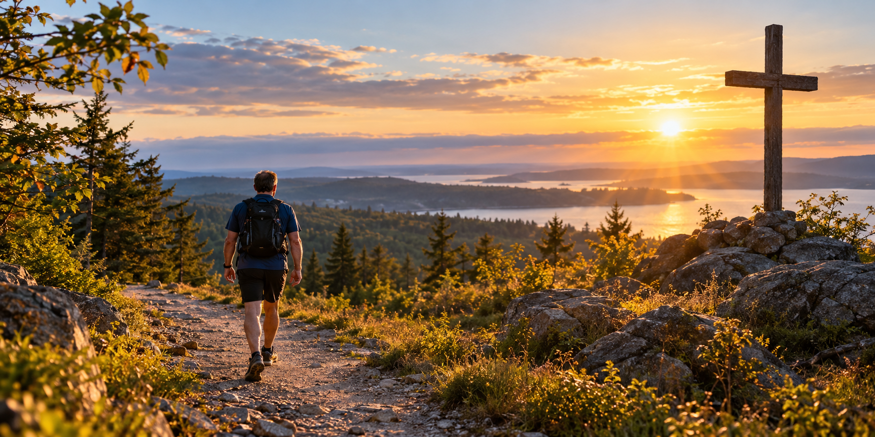 A hiker follows a rocky trail toward a wooden cross overlooking a lake at sunrise.