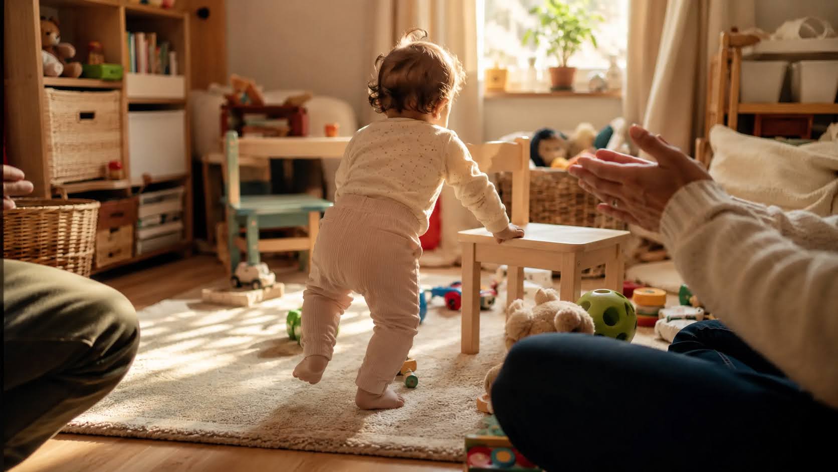 A toddler takes a step beside a small table as adults offer encouragement in a sunlit room.