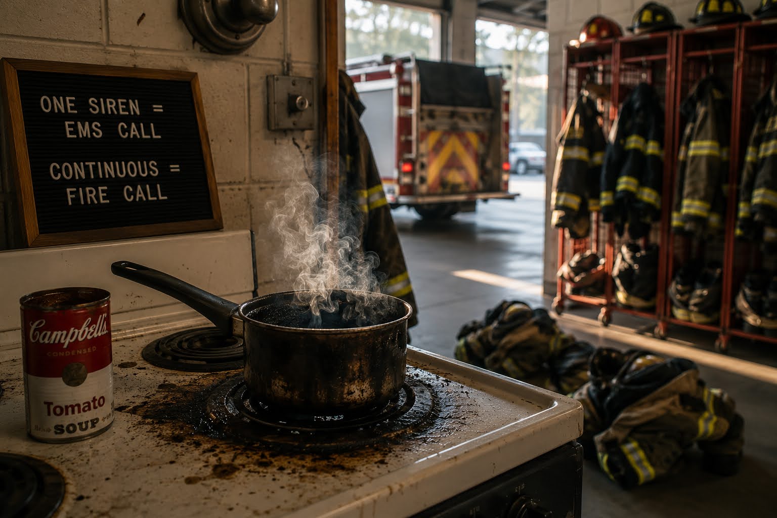 A scorched soup pot smokes on a stove inside a firehouse, with firefighting gear and a fire engine nearby.