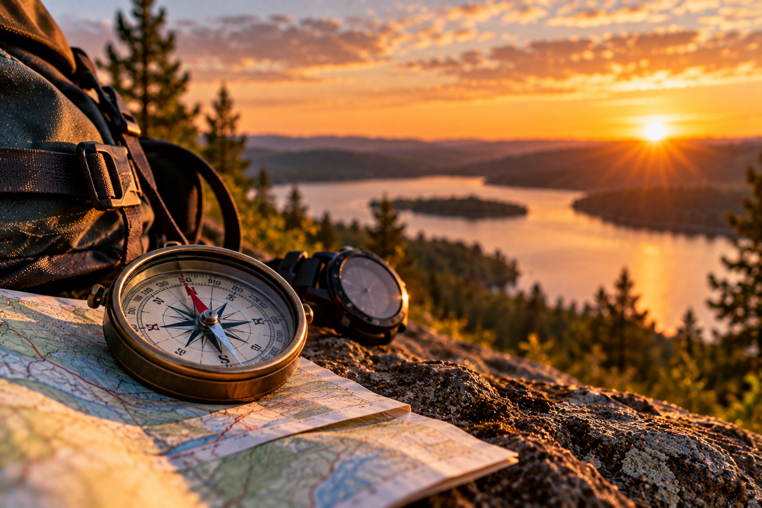 A compass and wristwatch rest on a map overlooking a lake at sunset.