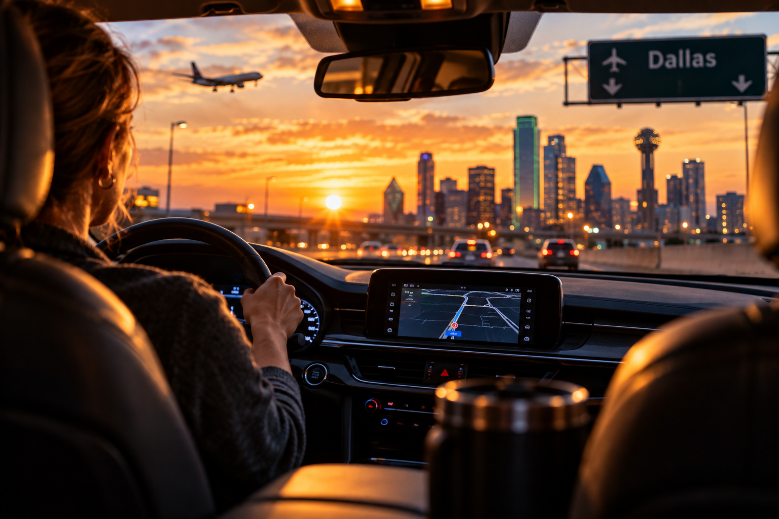A driver approaches the Dallas skyline at sunset, with an airplane overhead.
