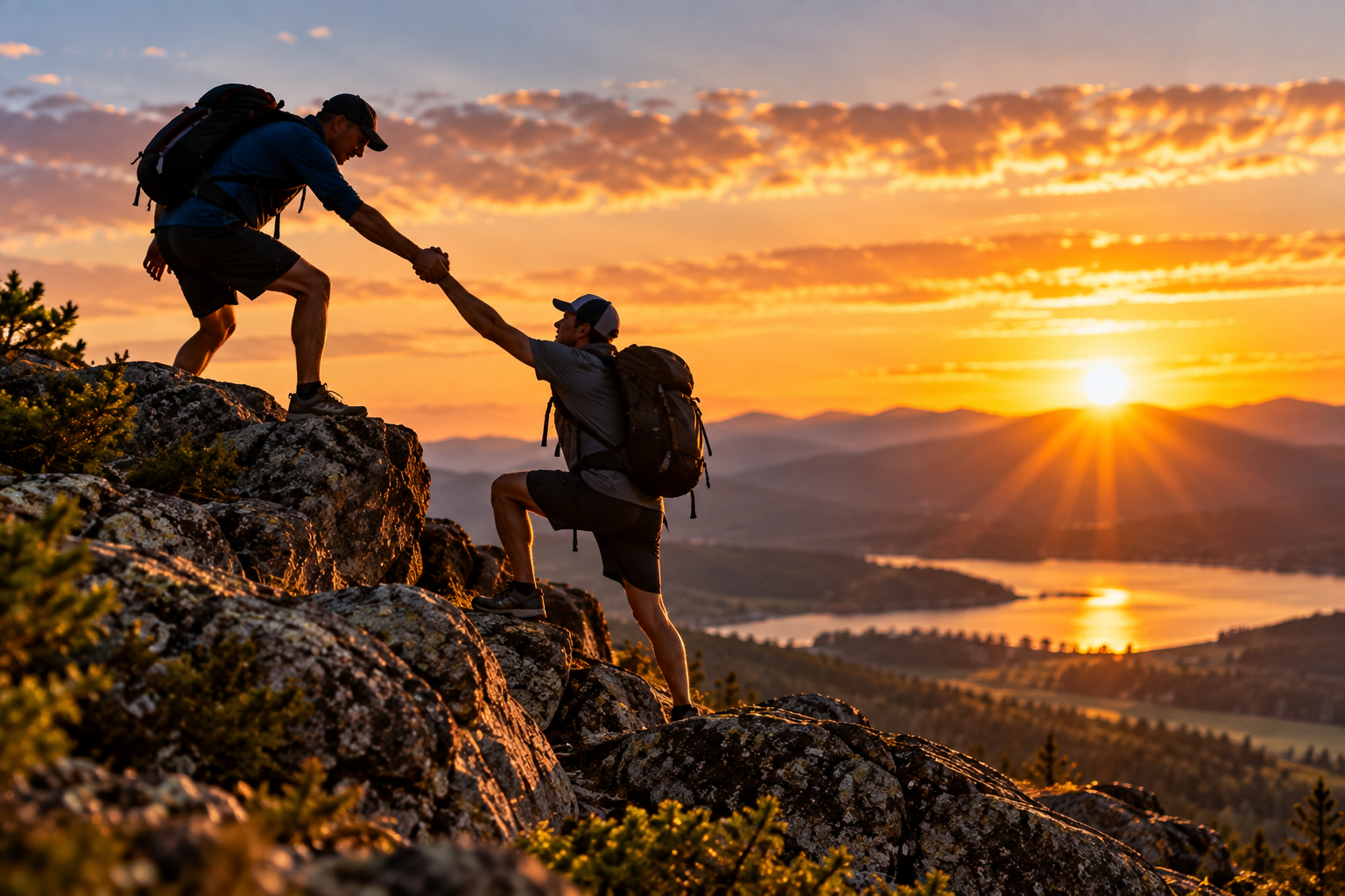 One hiker helps another climb a rocky ledge above a lake at sunset.