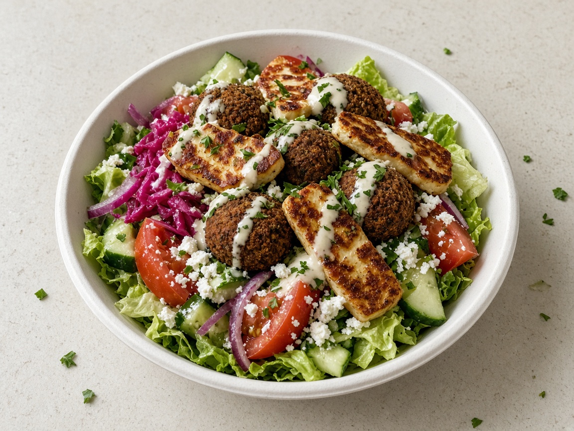 Ensalada con falafel, halloumi a la plancha y queso feta