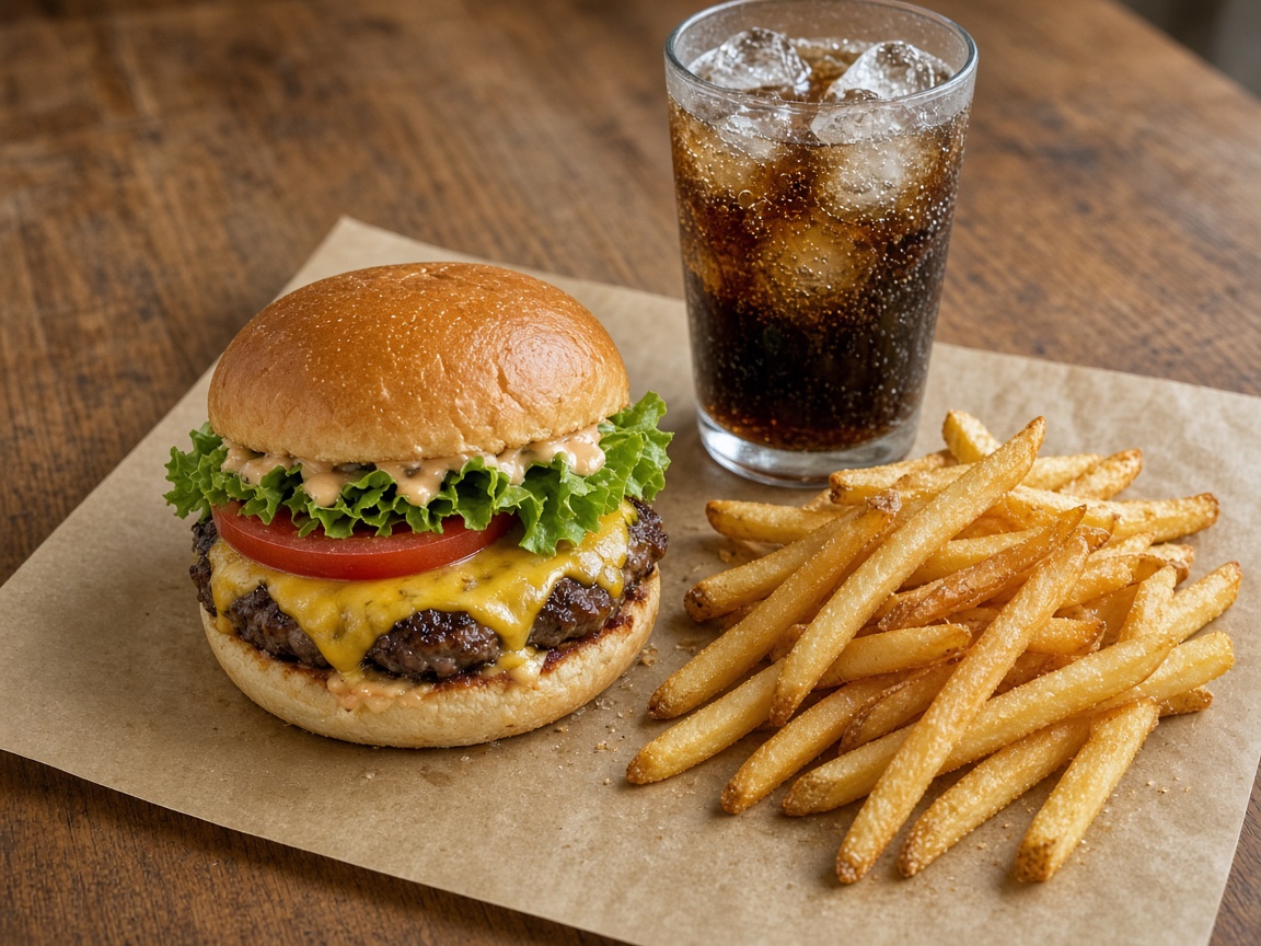 Hamburguesa con queso, patatas fritas y refresco