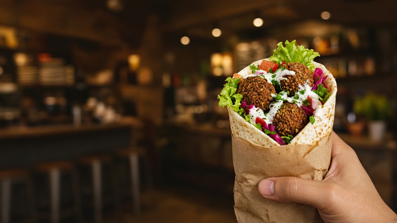 Rollo de falafel recién hecho en Papa Falafel