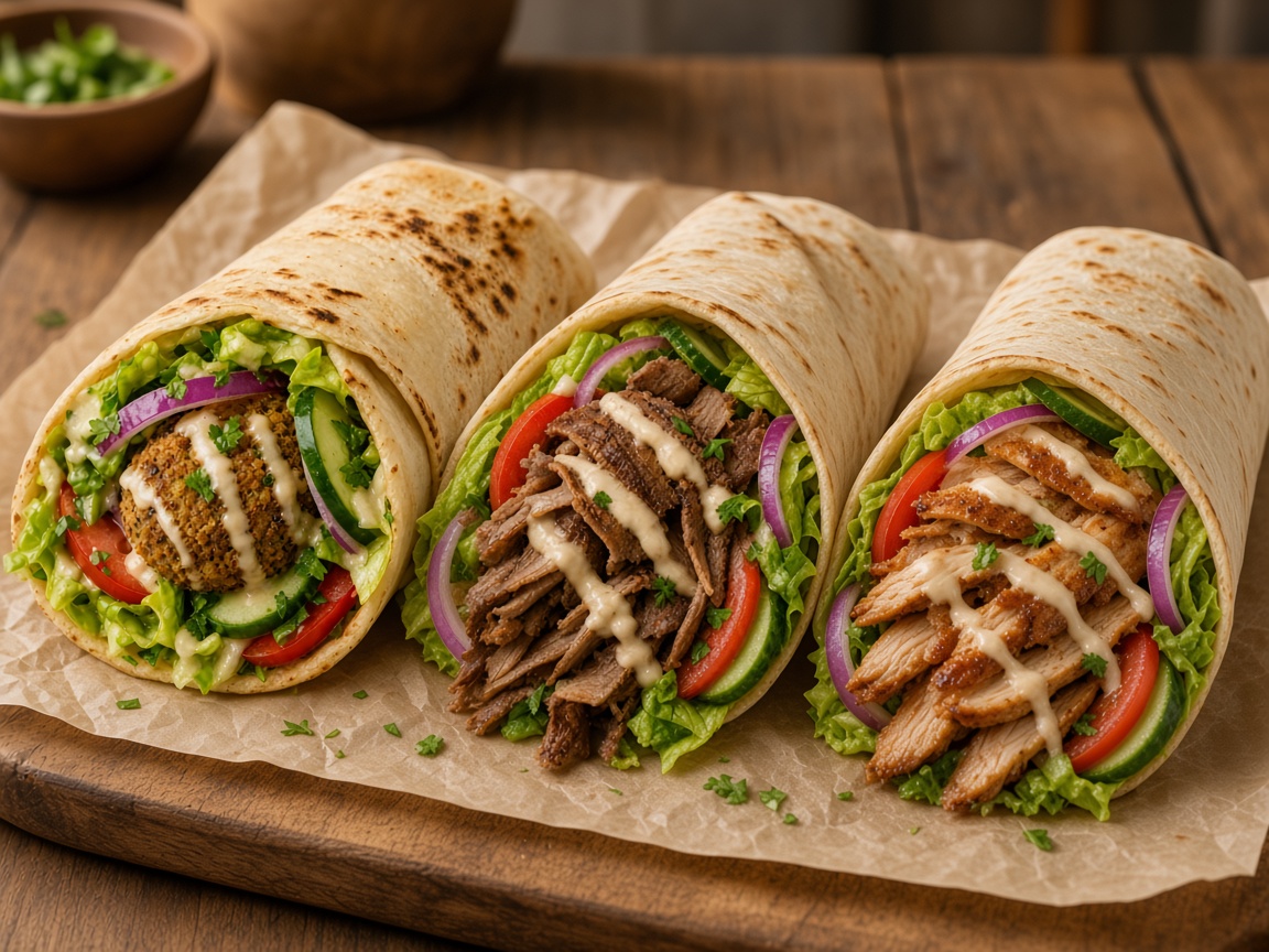 Rollos de falafel, kebab de ternera y kebab de pollo