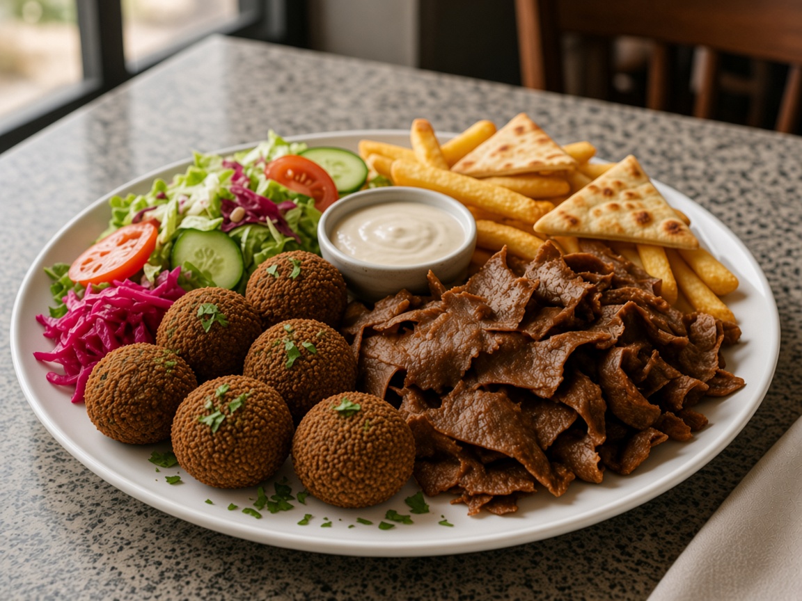 Plato con falafel, kebab de ternera, patatas fritas, ensalada y pan de pita
