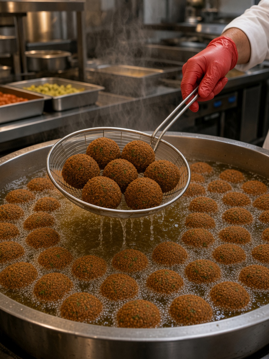 Falafel recién fritos saliendo de la freidora en la cocina de Papa Falafel