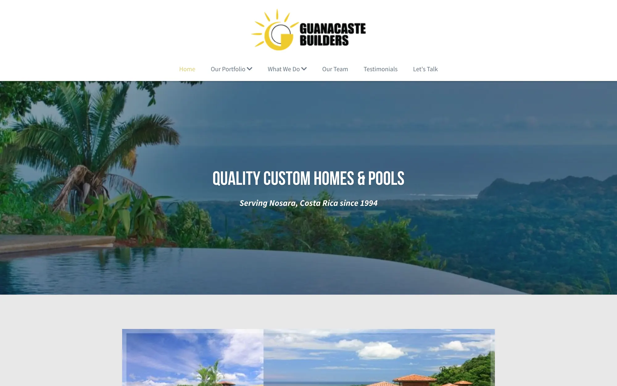 Guanacaste Builders homepage: an infinity pool overlooking the Nosara coastline under the headline Quality Custom Homes & Pools