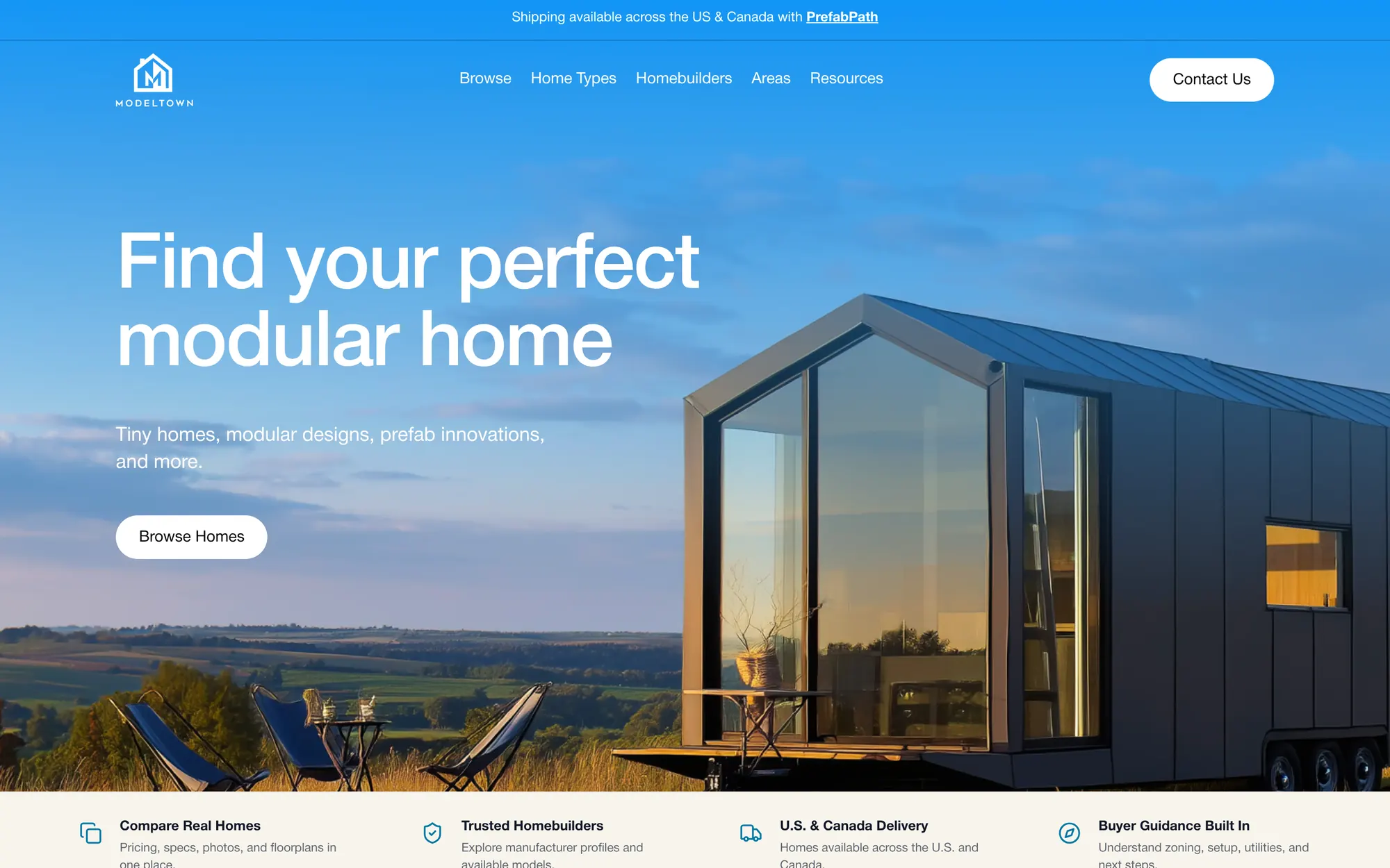 ModelTown homepage: "Find your perfect modular home" over a modern tiny home on a hillside, with a Browse Homes button