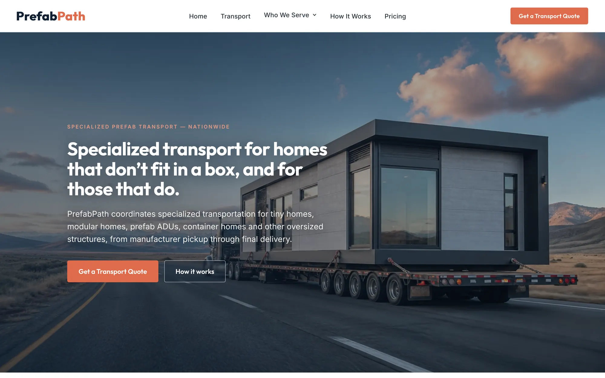 PrefabPath homepage: a modular home on a flatbed truck at dusk beside the headline on specialized transport for homes, with a Get a Transport Quote button