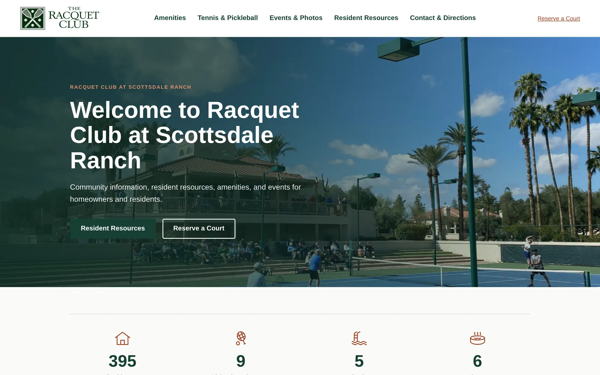 Racquet Club at Scottsdale Ranch homepage: tennis courts and palm trees beside the welcome headline, with Resident Resources and Reserve a Court buttons