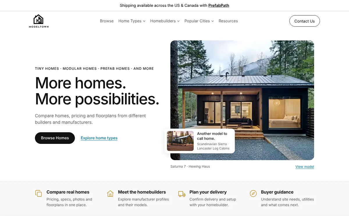 ModelTown homepage: "More homes. More possibilities." beside a black modular cabin in the forest, with a Browse Homes button