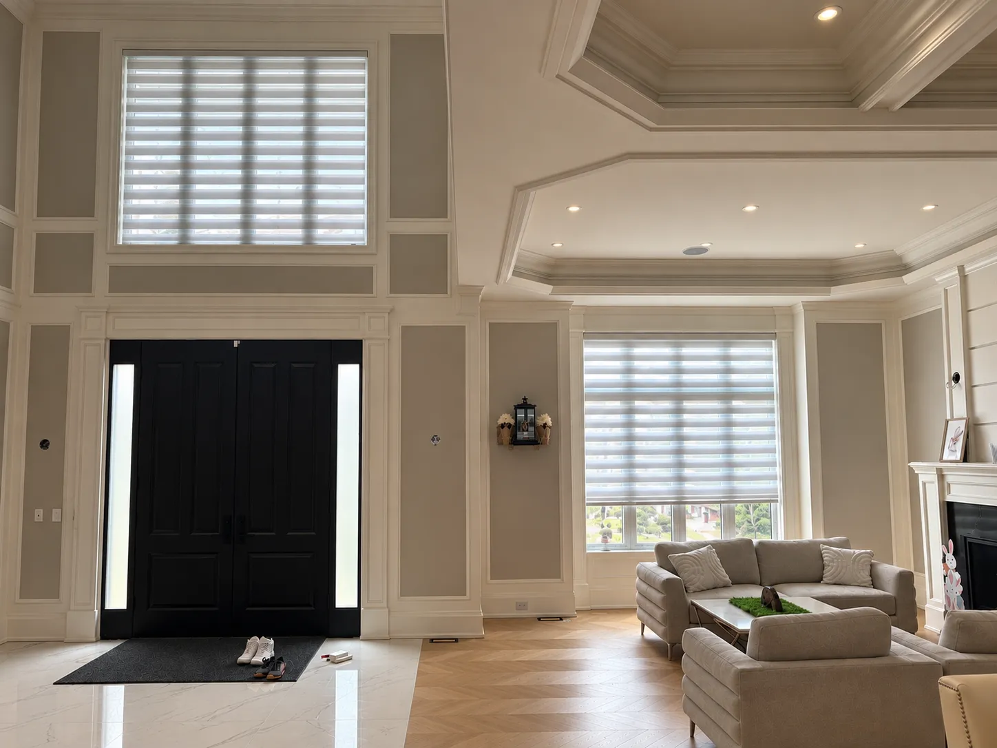 Zebra shades in open foyer