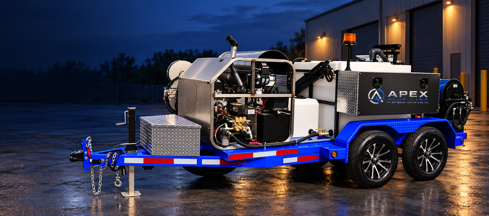Apex Blue Line commercial pressure-washing trailer equipment visualization